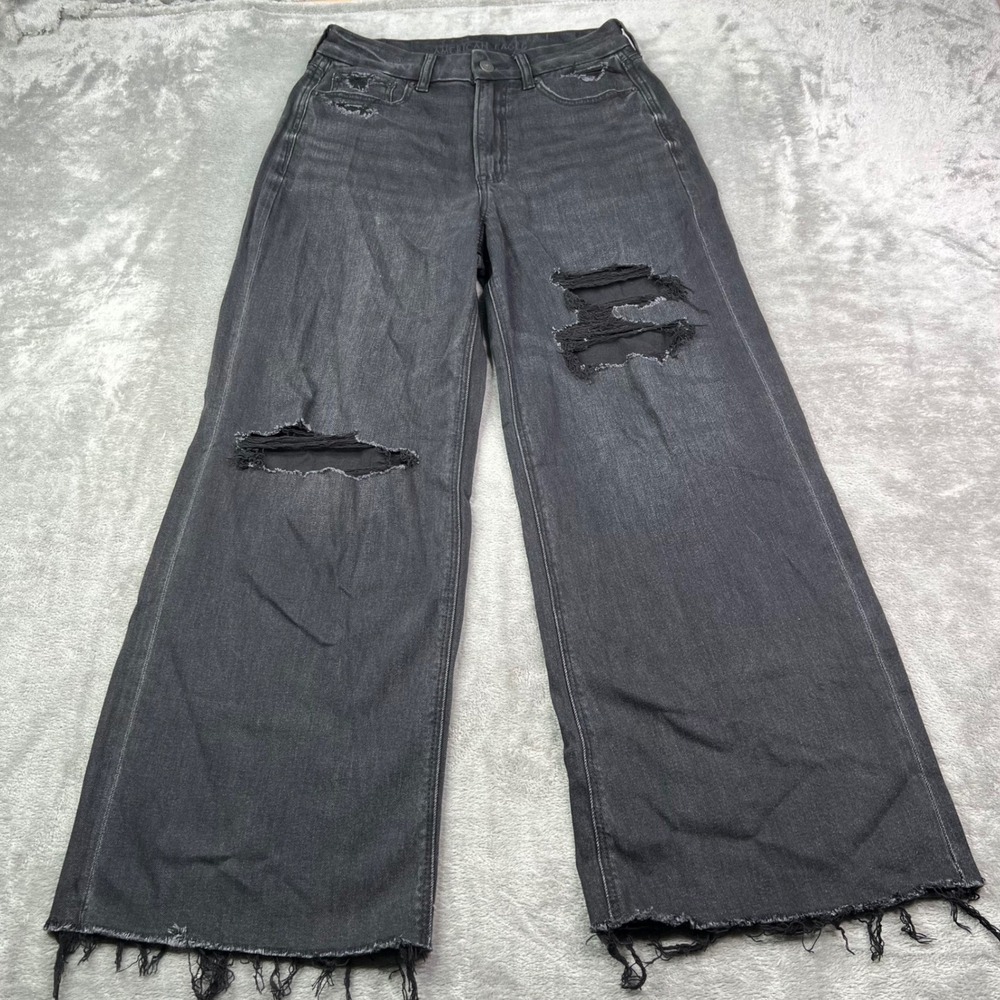 American Eagle Curvy Super High-Rise Baggy Wide Leg Jeans Womens 6 Black Stretch
